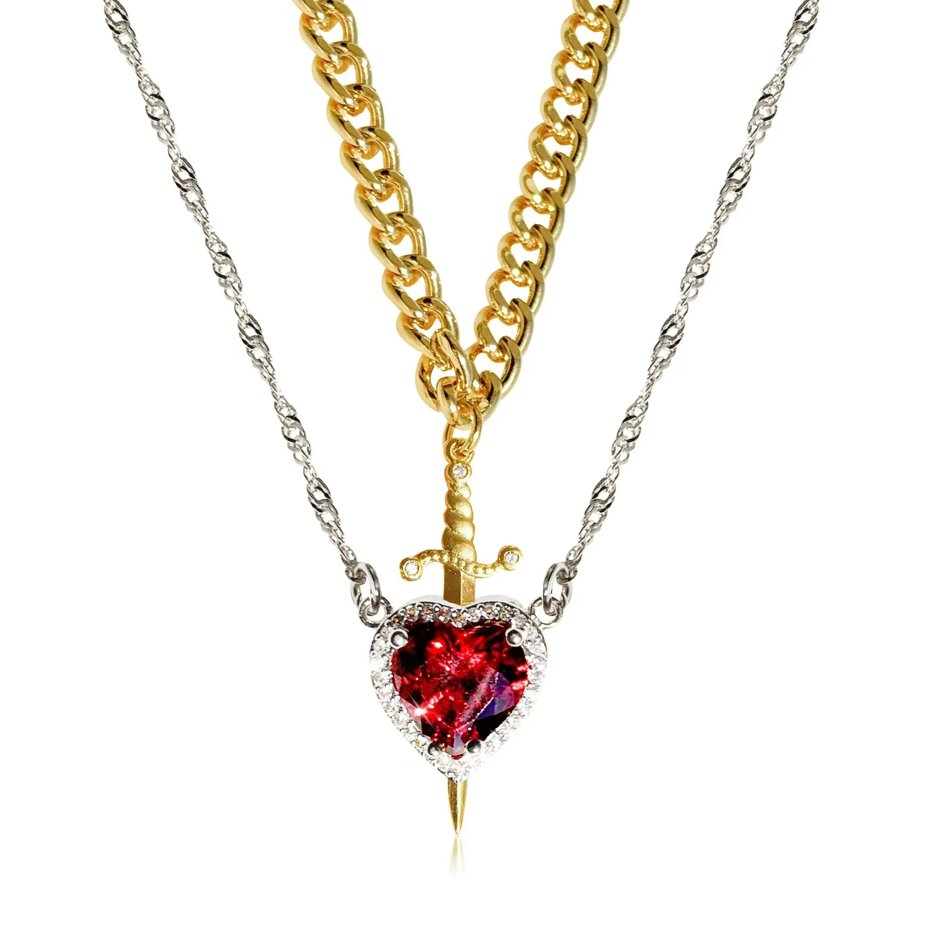 Heart and Sword Necklace Set Gold Color Stainless Steel - Image 8