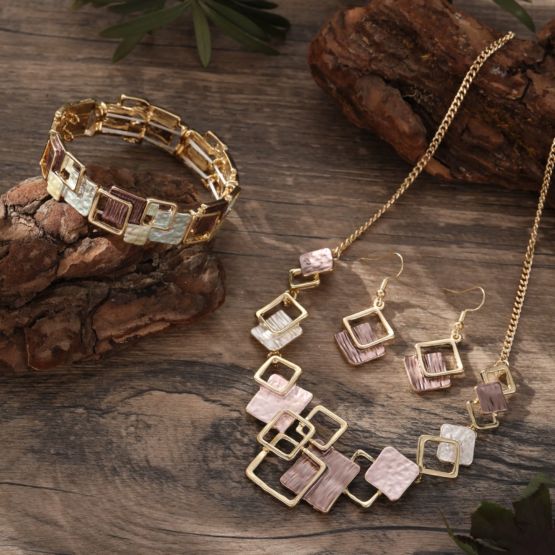 Color Painting Oil Geometric Square Ear Studs Bracelet - Image 4