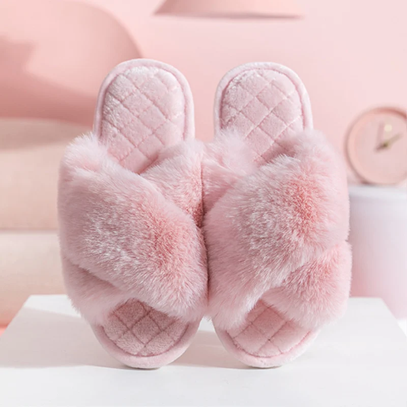 Cross-strap Furry Slippers Warm House Shoes for Women - Image 7