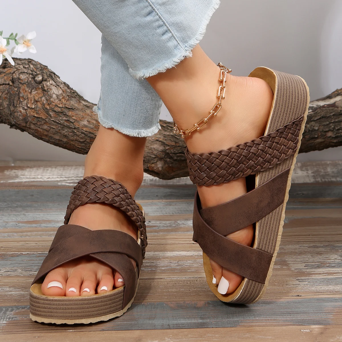 Woven Cross-strap Slippers Summer Platform Sandals