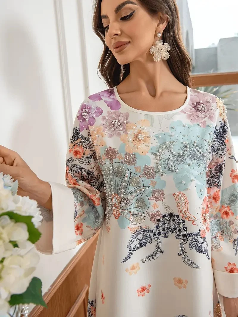 Elegant Floral Print Long Kaftan Dress - Image 8