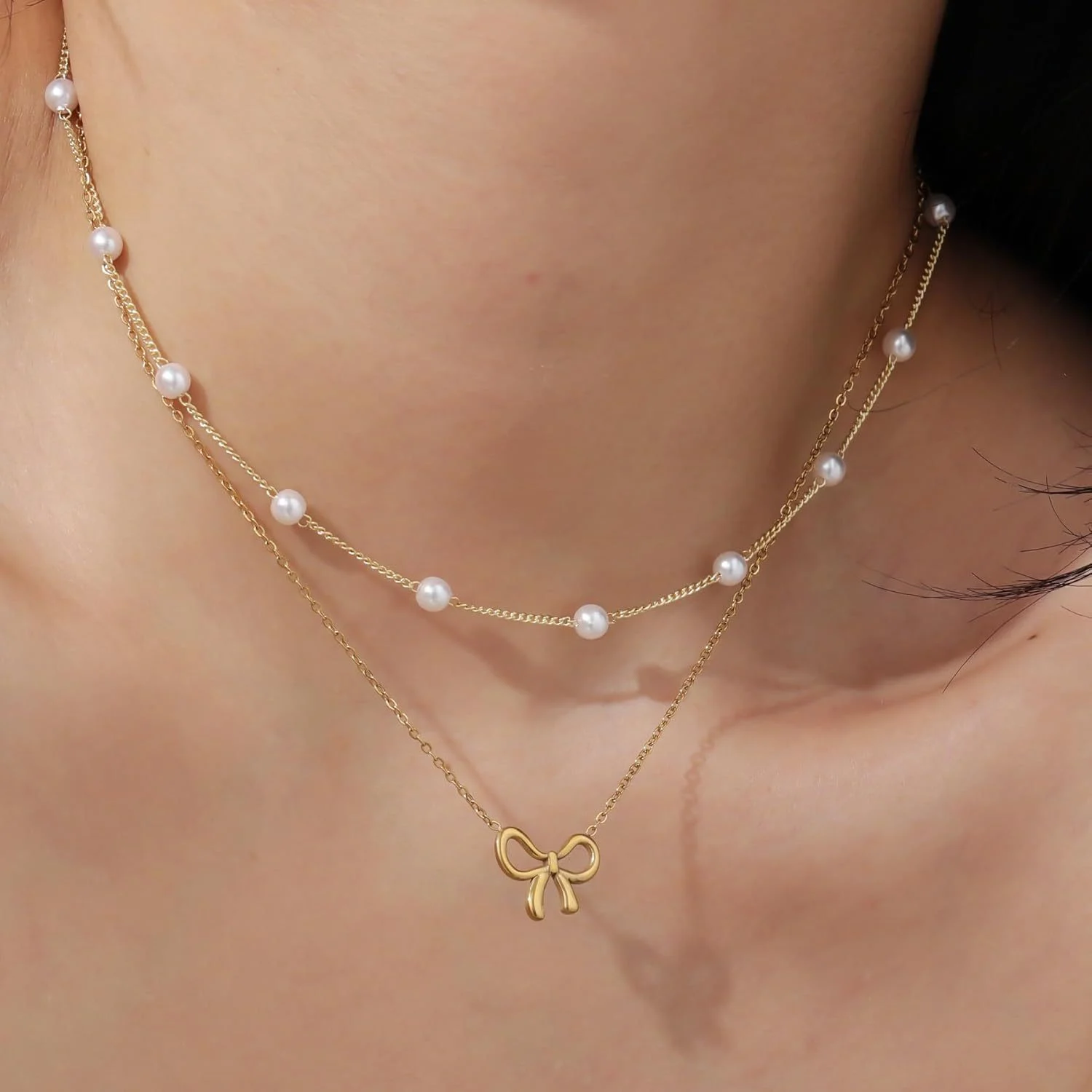 Simple Pearl Double Layer Choker Fashion Gold Color - Image 2
