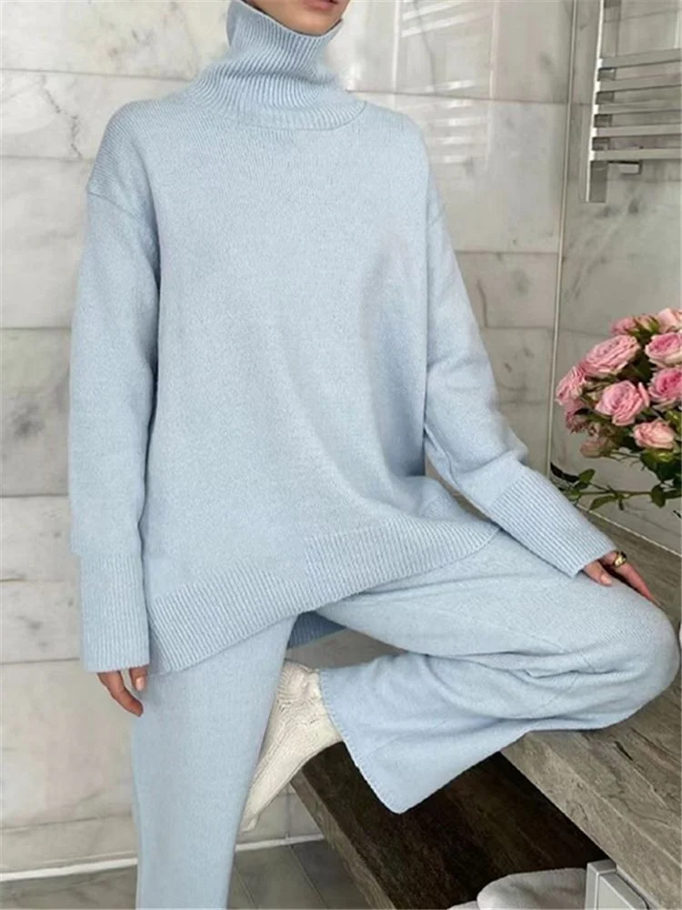 2 Pieces Women Sets Knitted Tracksuit Turtleneck Sweater - Image 6