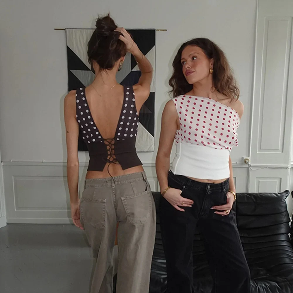 Polka Dots Print Oblique Shoulder Tops Summer Patchwork - Image 5