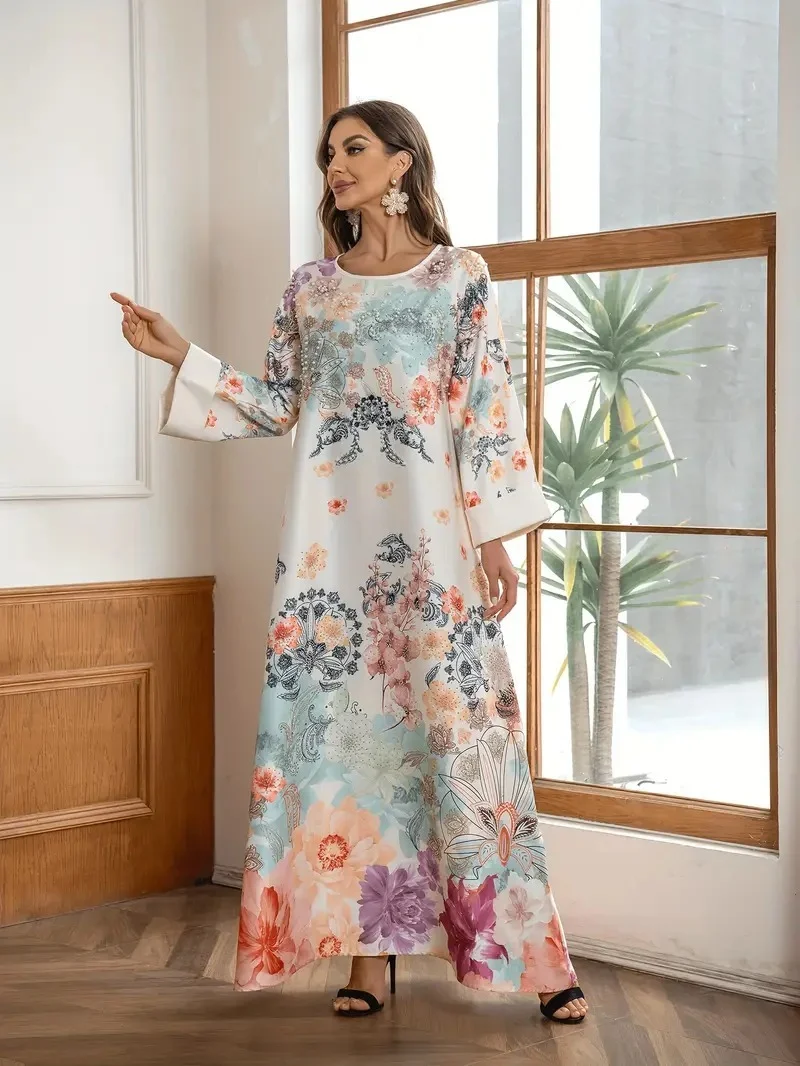 Elegant Floral Print Long Kaftan Dress - Image 4