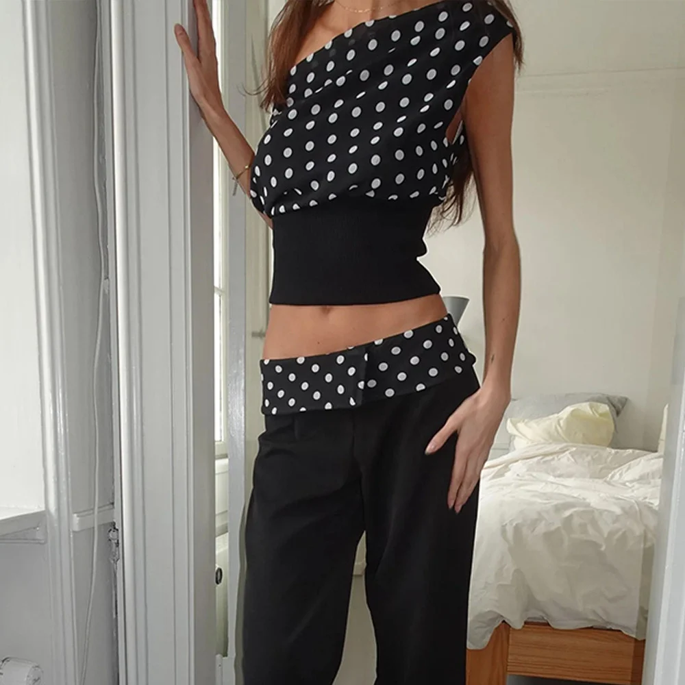 Polka Dots Print Oblique Shoulder Tops Summer Patchwork - Image 7