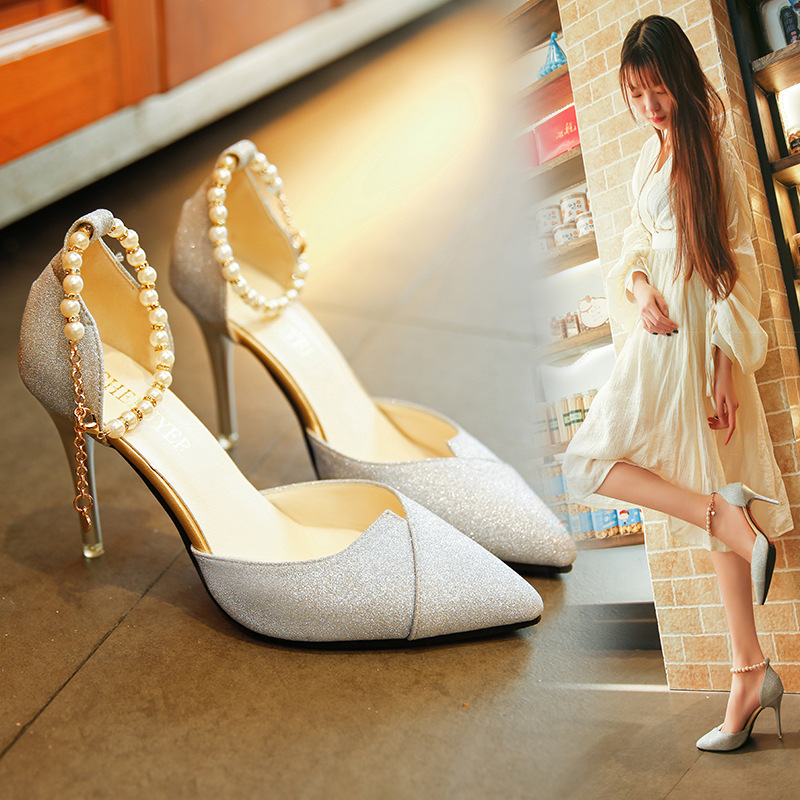 Women Pumps Pearl Bead High Heels Shoes Sequined Bling - Image 3