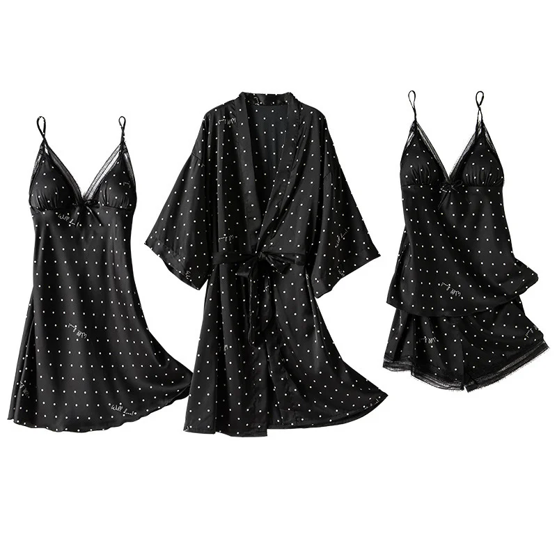 Print Dot Lady Nightwear Satin 4PCS Pajamas Set For Women - Image 6