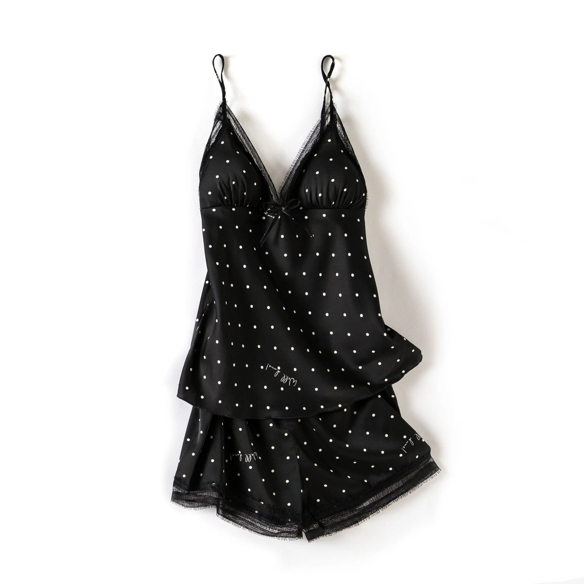 Print Dot Lady Nightwear Satin 4PCS Pajamas Set For Women - Image 3