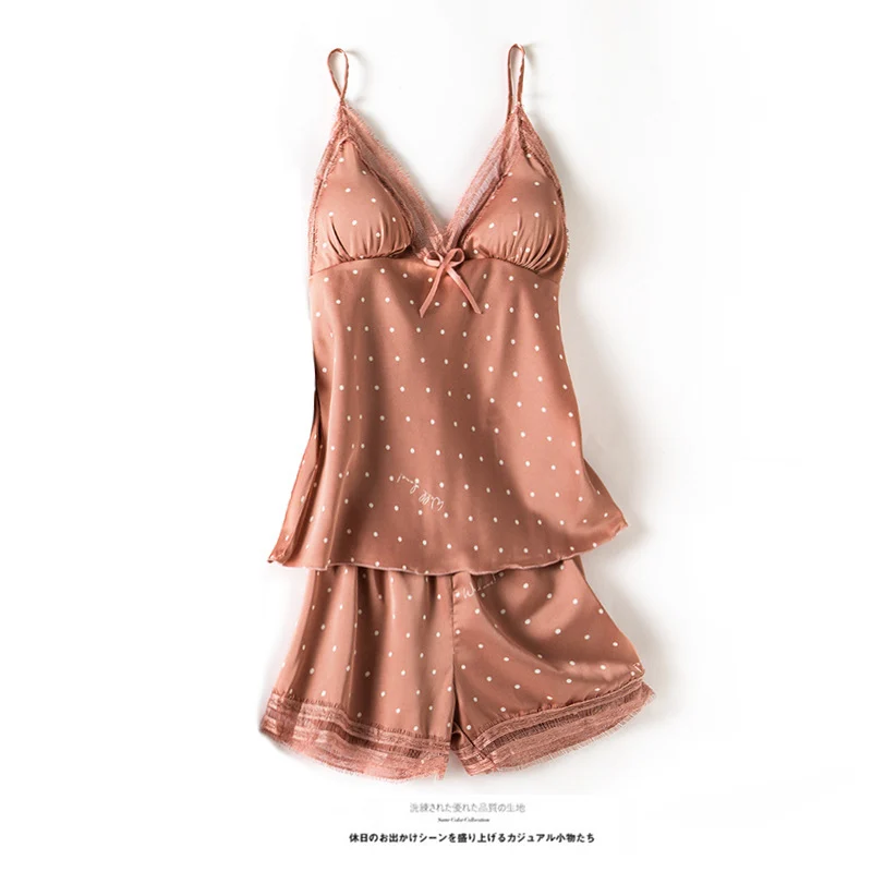 Print Dot Lady Nightwear Satin 4PCS Pajamas Set For Women - Image 5