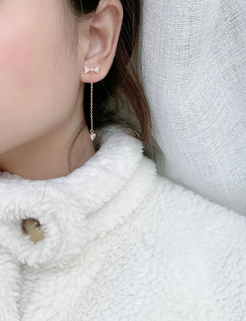 Sterling Silver Bowknot Tassel Simple Stud Earrings - Image 4