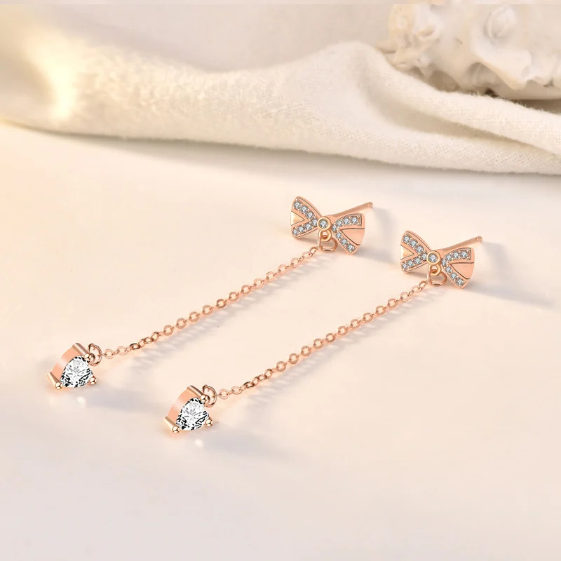 Sterling Silver Bowknot Tassel Simple Stud Earrings - Image 2