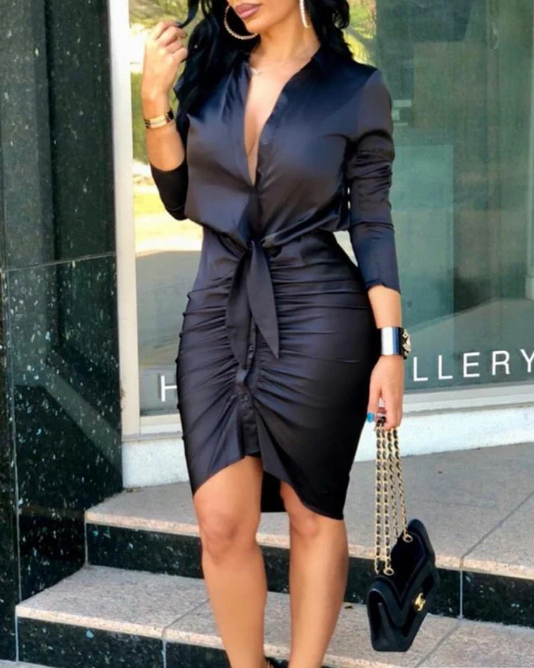 Women Lace-up Solid Color Long Sleeve Midi Dress Shirt - Image 4