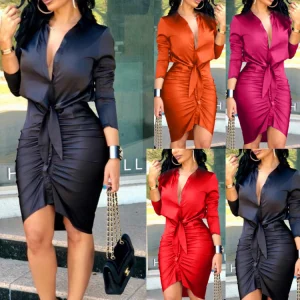 Women Lace-up Solid Color Long Sleeve Midi Dress Shirt