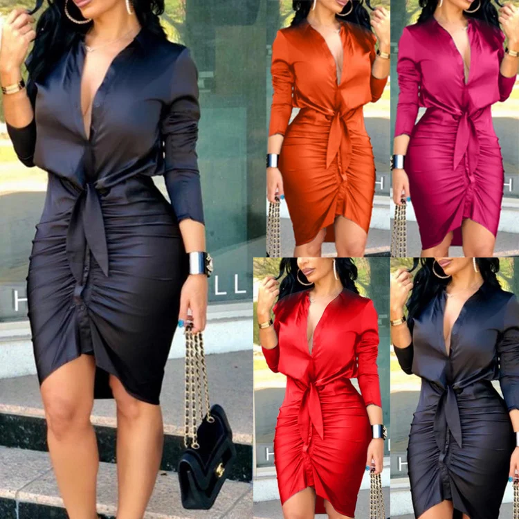 Women Lace-up Solid Color Long Sleeve Midi Dress Shirt