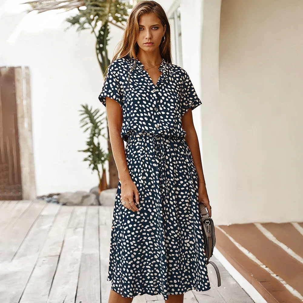 Women's Wave Point Short Sleeve Dress Shirt Collar Skirt - Image 7