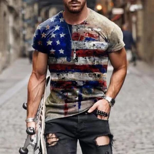 Vintage USA Flag Print O-Neck T Shirt Mens Summer Slim