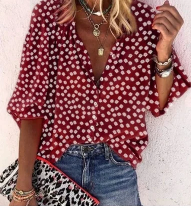 Printed Long Sleeve V-neck Button Ladies Blouse Women - Image 2