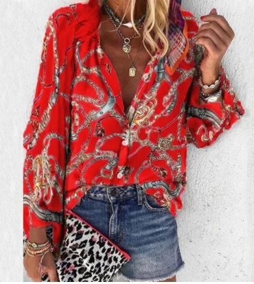 Printed Long Sleeve V-neck Button Ladies Blouse Women - Image 3