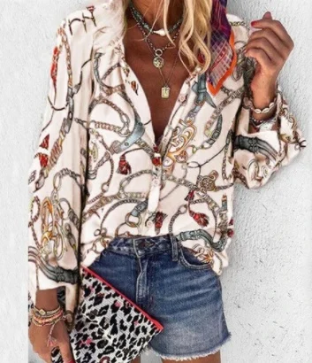 Printed Long Sleeve V-neck Button Ladies Blouse Women - Image 4