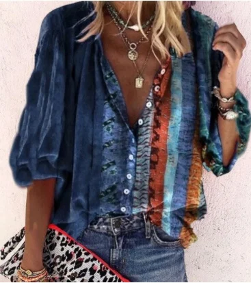 Printed Long Sleeve V-neck Button Ladies Blouse Women - Image 6