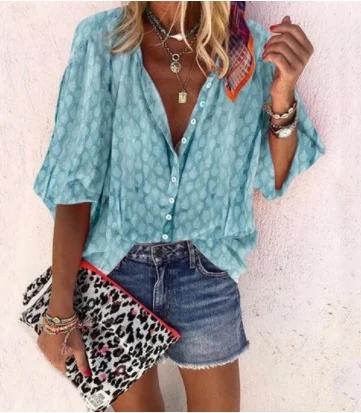 Printed Long Sleeve V-neck Button Ladies Blouse Women - Image 5