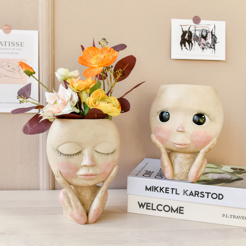 Face Head Design Sculpture Flower Planter Garden Indoor