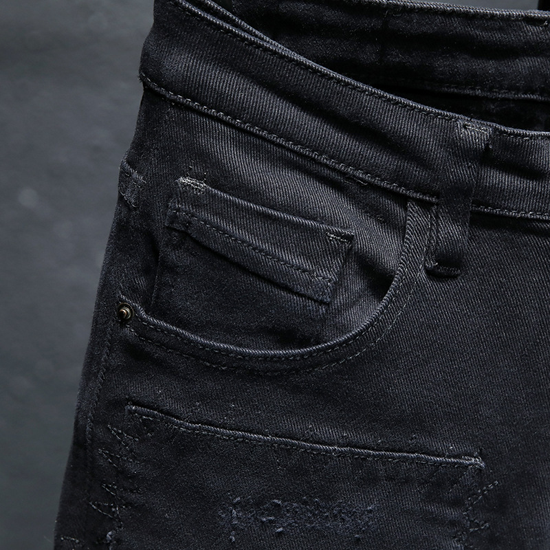 Spring and Summer Jeans Pure Black Ripped Stretch Jeans - Image 2