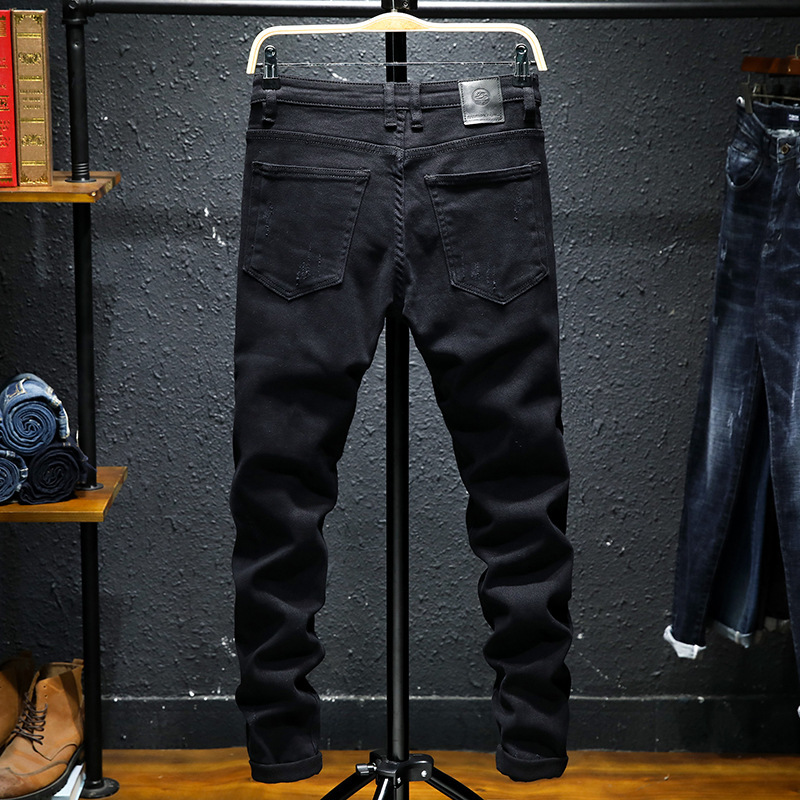 Spring and Summer Jeans Pure Black Ripped Stretch Jeans