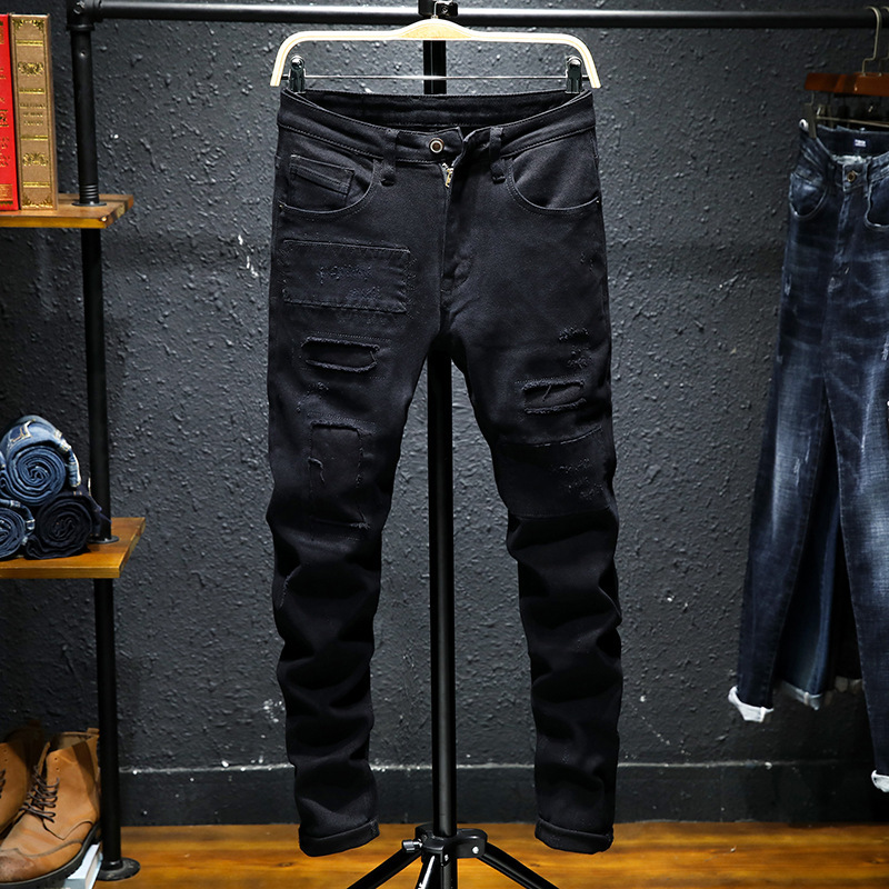 Spring and Summer Jeans Pure Black Ripped Stretch Jeans - Image 4