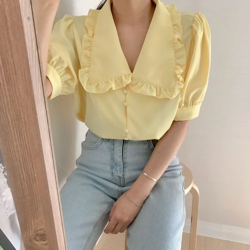 Sweet Short White Chiffon Blouse Women Ruffled Slim Women Shirt Tops Korean - Image 4