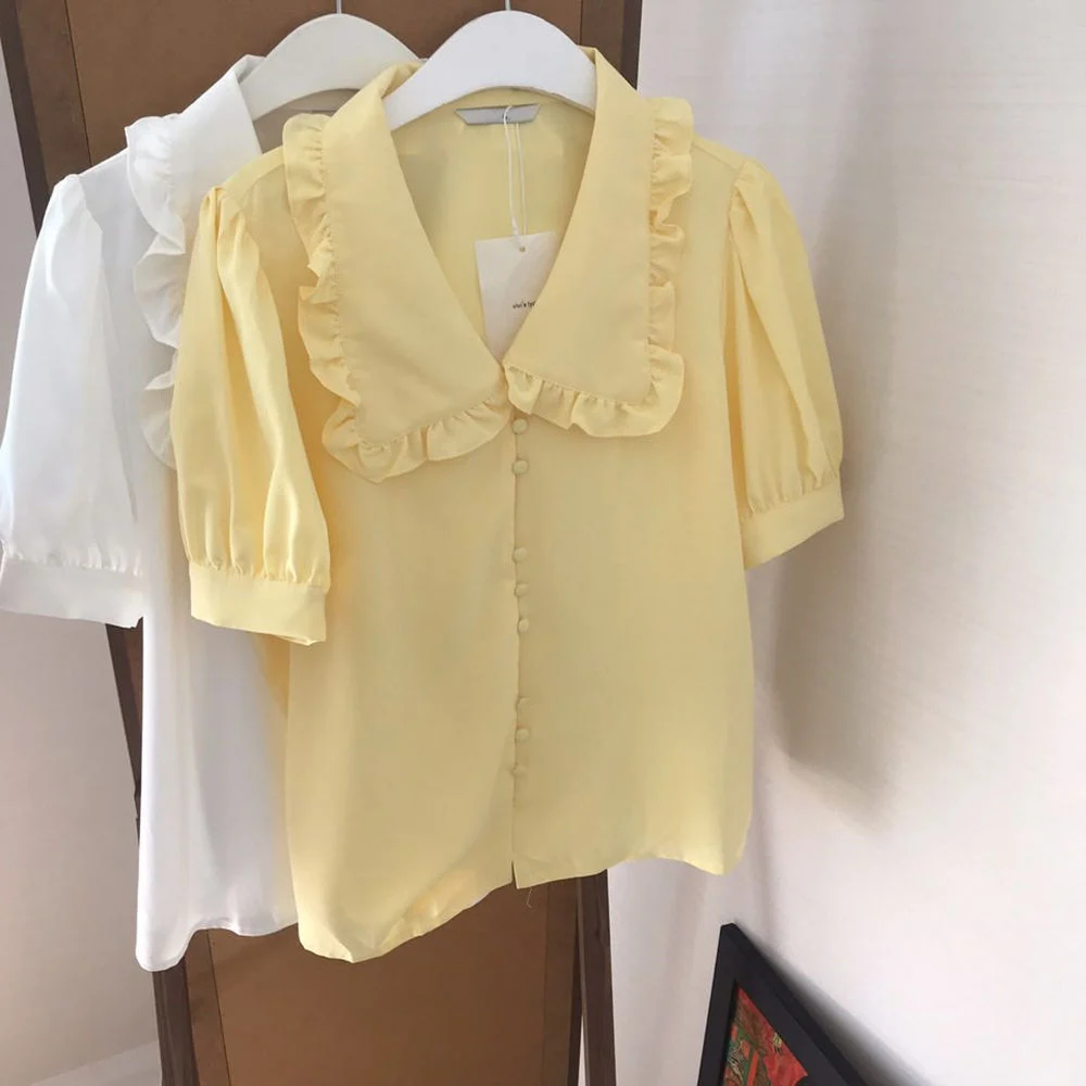 Sweet Short White Chiffon Blouse Women Ruffled Slim Women Shirt Tops Korean - Image 2