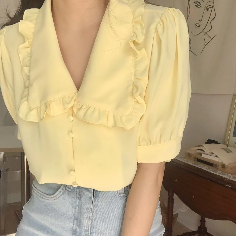 Sweet Short White Chiffon Blouse Women Ruffled Slim Women Shirt Tops Korean - Image 3