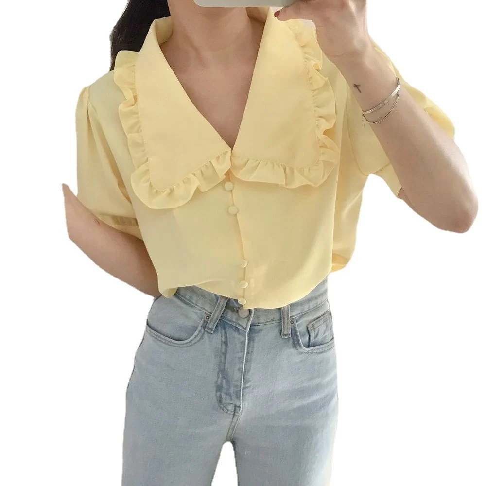 Sweet Short White Chiffon Blouse Women Ruffled Slim Women Shirt Tops Korean - Image 5