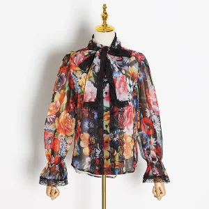 Vintage Floral print Chiffon Shirts Blouse Women