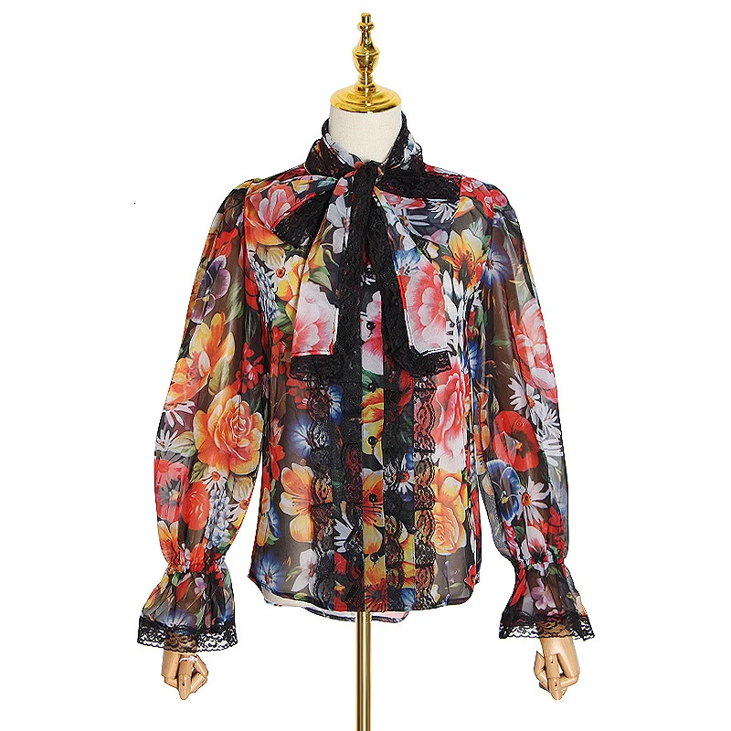 Vintage Floral print Chiffon Shirts Blouse Women - Image 2