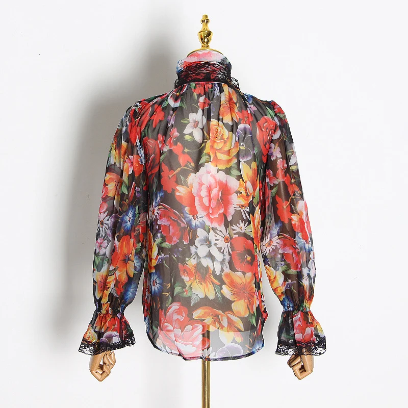 Vintage Floral print Chiffon Shirts Blouse Women - Image 5