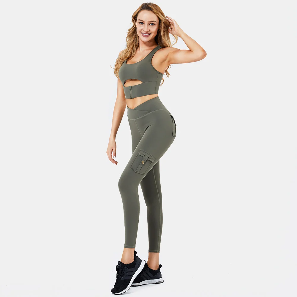 Women Yoga Set Padded Bra with Zipper High Waist - Image 5