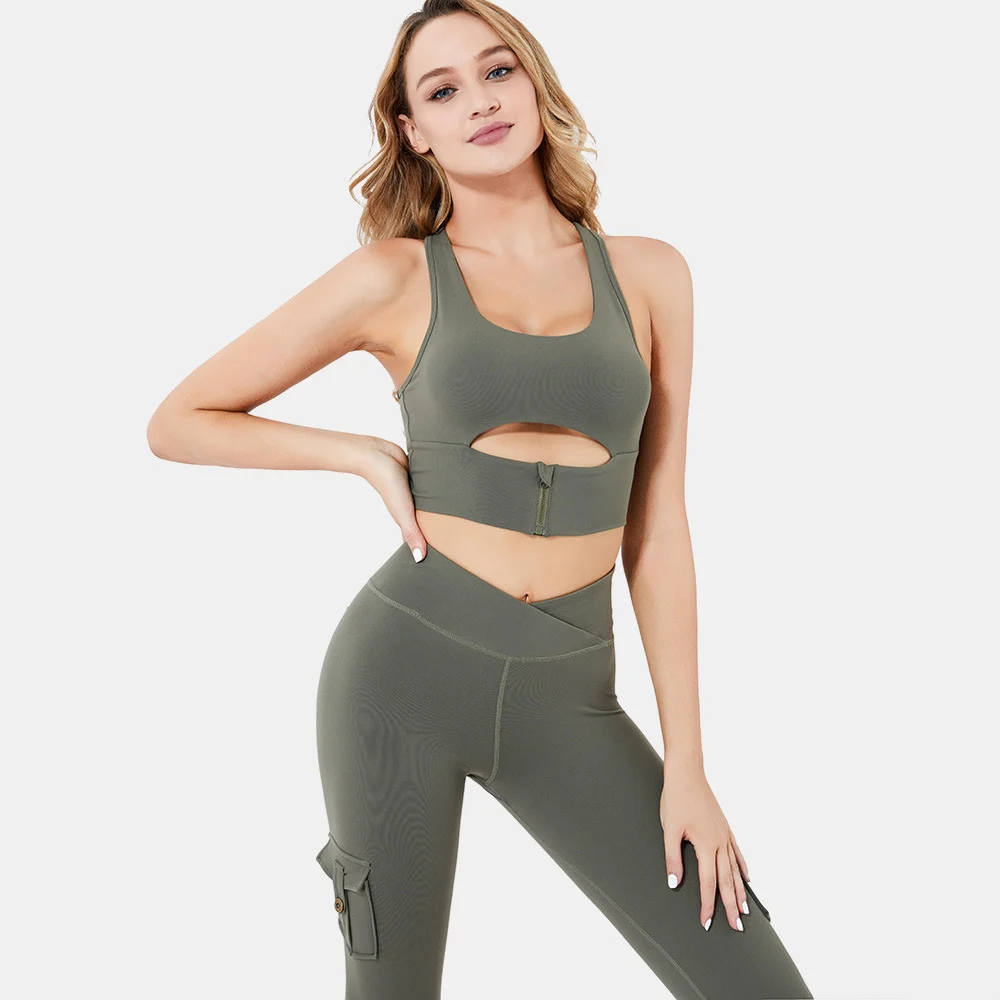 Women Yoga Set Padded Bra with Zipper High Waist - Image 4