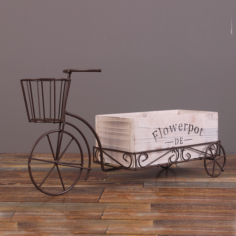 European Wrought Iron Tricycle Wooden Flower Pot Simple - Image 2
