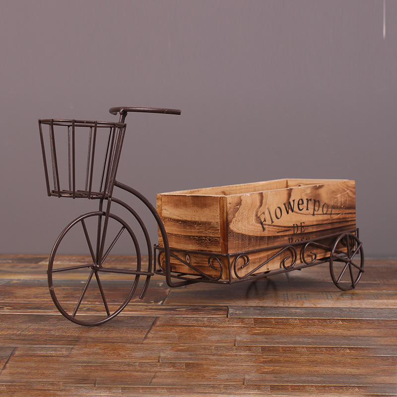 European Wrought Iron Tricycle Wooden Flower Pot Simple - Image 3