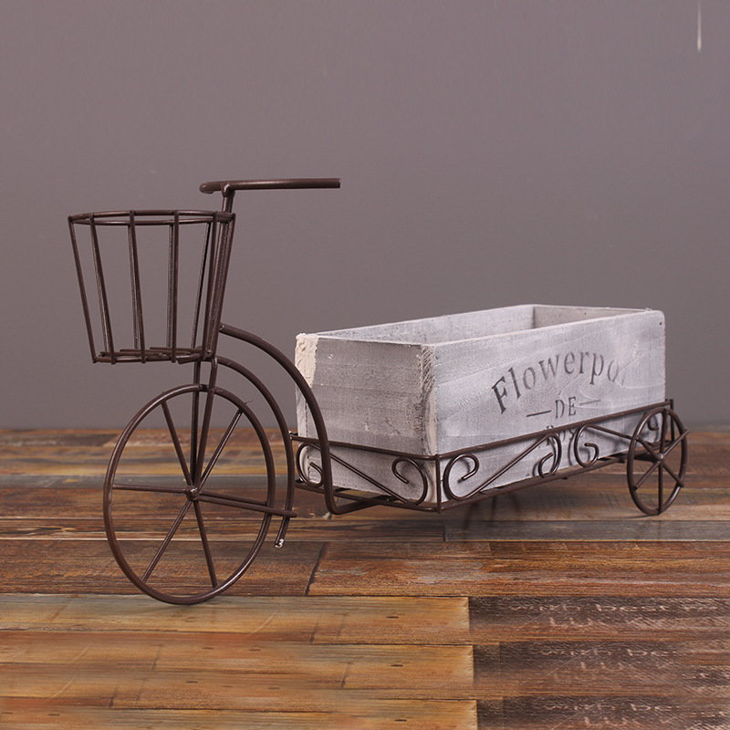 European Wrought Iron Tricycle Wooden Flower Pot Simple - Image 4