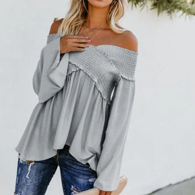 Women Sexy Off Shoulder Shirts Irregular Hem Blouse Shir - Image 8