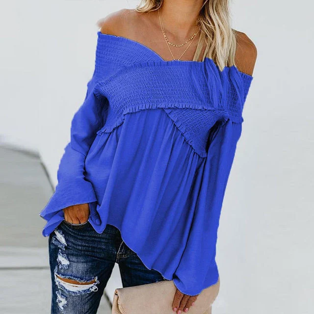 Women Sexy Off Shoulder Shirts Irregular Hem Blouse Shir - Image 4