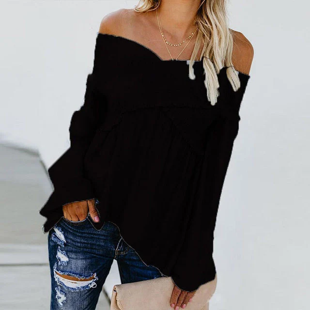 Women Sexy Off Shoulder Shirts Irregular Hem Blouse Shir - Image 3