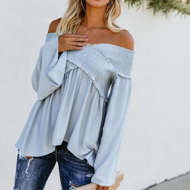 Women Sexy Off Shoulder Shirts Irregular Hem Blouse Shir - Image 5