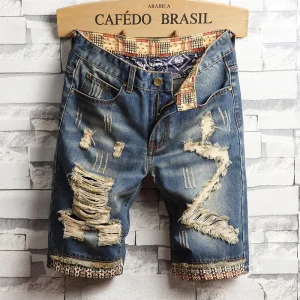Trend Big Hole Jeans Short Pants Men''s Summer Capris