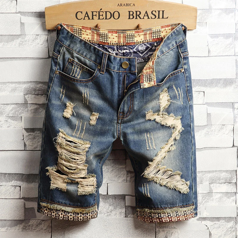 Trend Big Hole Jeans Short Pants Men''s Summer Capris