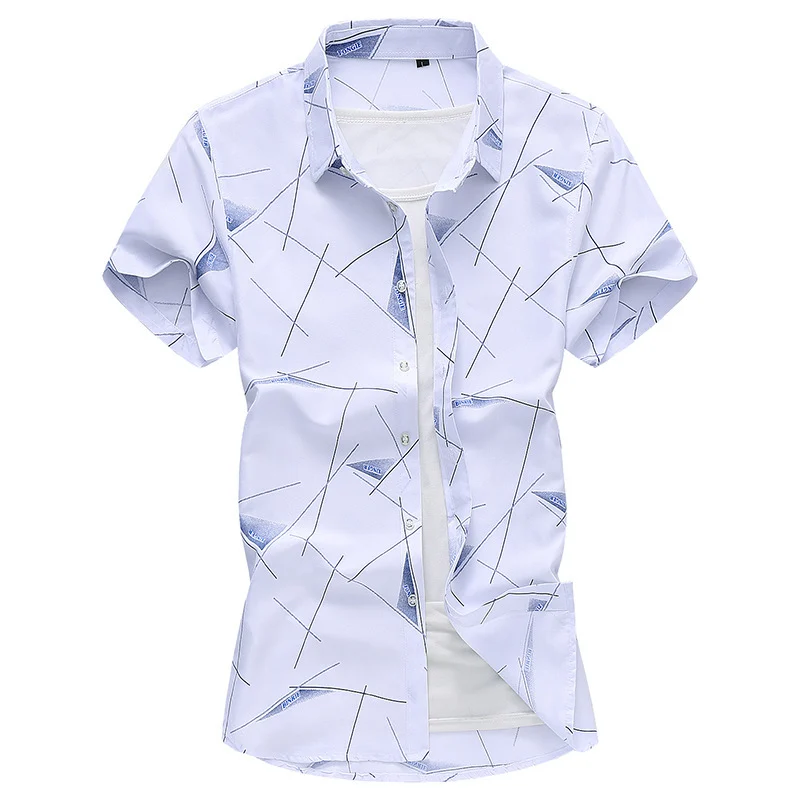 Men Short Sleeve Cotton Flower Shirt Mens Dress Shirts - Image 7