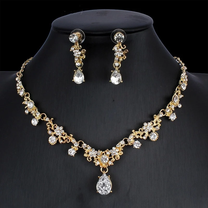 Golden Zircon Jewelry Set Bridal Necklace Earrings - Image 3